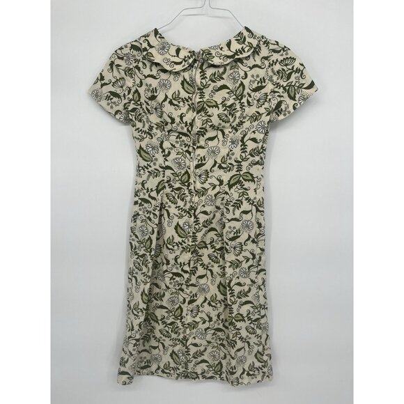 Vintage 1950's Scalloped Peter Pan Collar Dress Green Cream Floral Approx XS - Picture 3 of 4